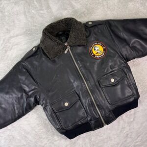 Peanuts Kids Bomber Jacket Size 5 Aviator Snoopy Patch Faux Leather Black